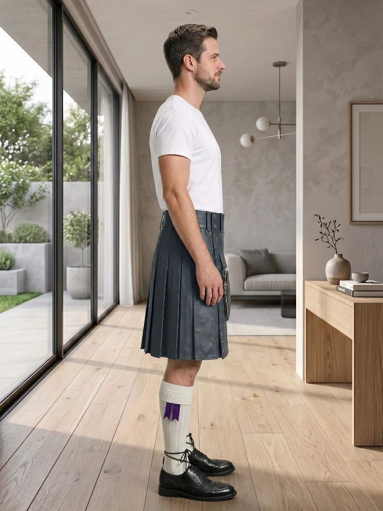 Charcoal Leather Utility Kilt Right Side