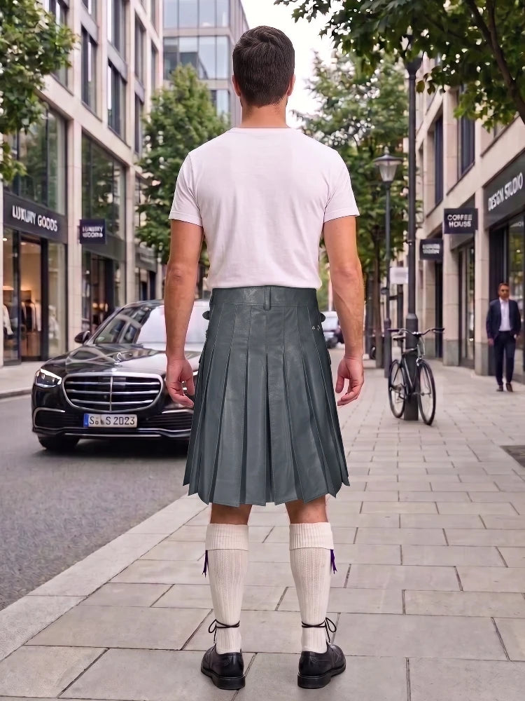 Charcoal Leather Utility Kilt with Sporran