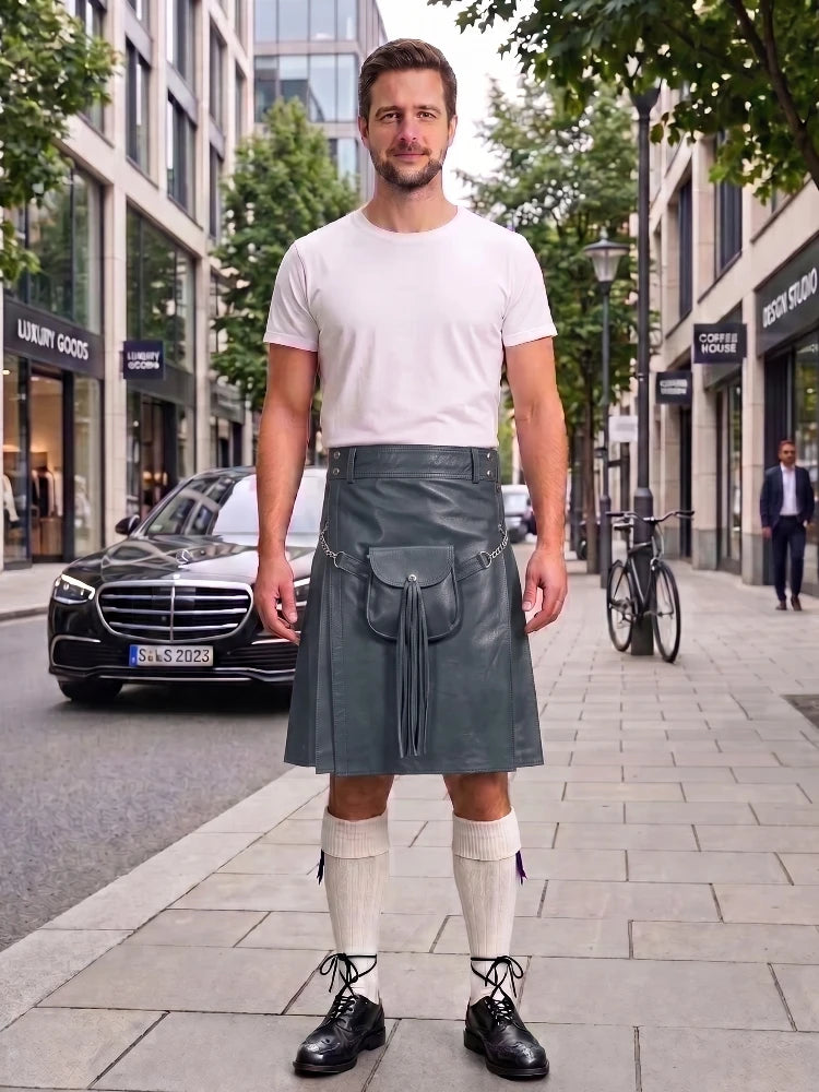 Charcoal Leather Utility Kilt with Sporran