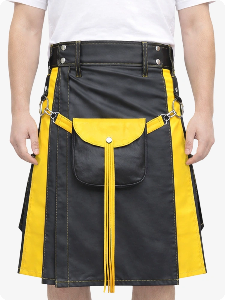 Charcoal Leather Utility Kilt with Yellow Accents & Detachable Pockets