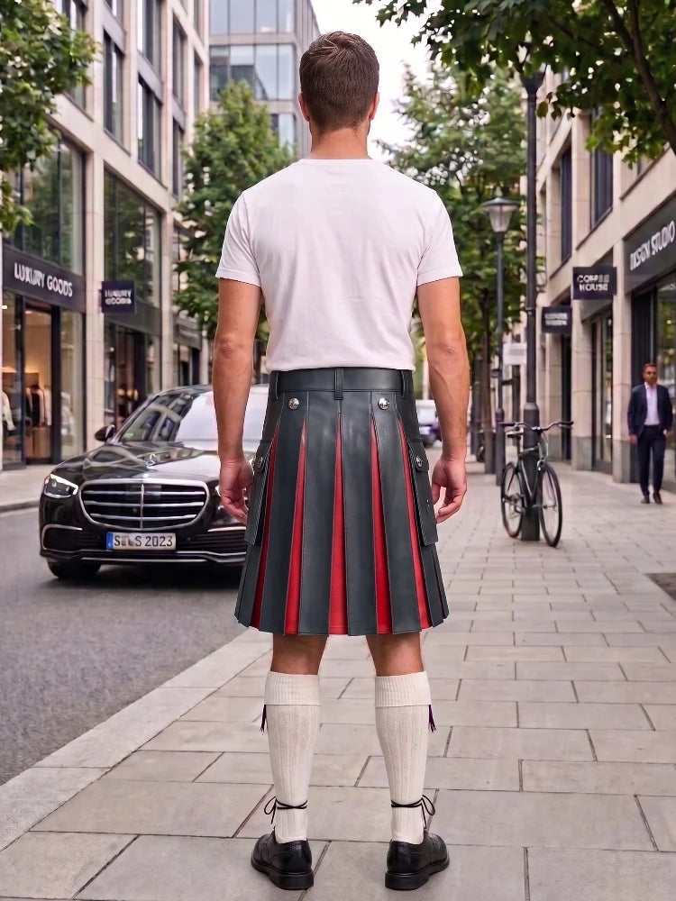 A man viewed from behind wearing a black leather pleated kilt with red center panels, a white t-shirt, white knee-high socks, and black shoes, standing on a city sidewalk.