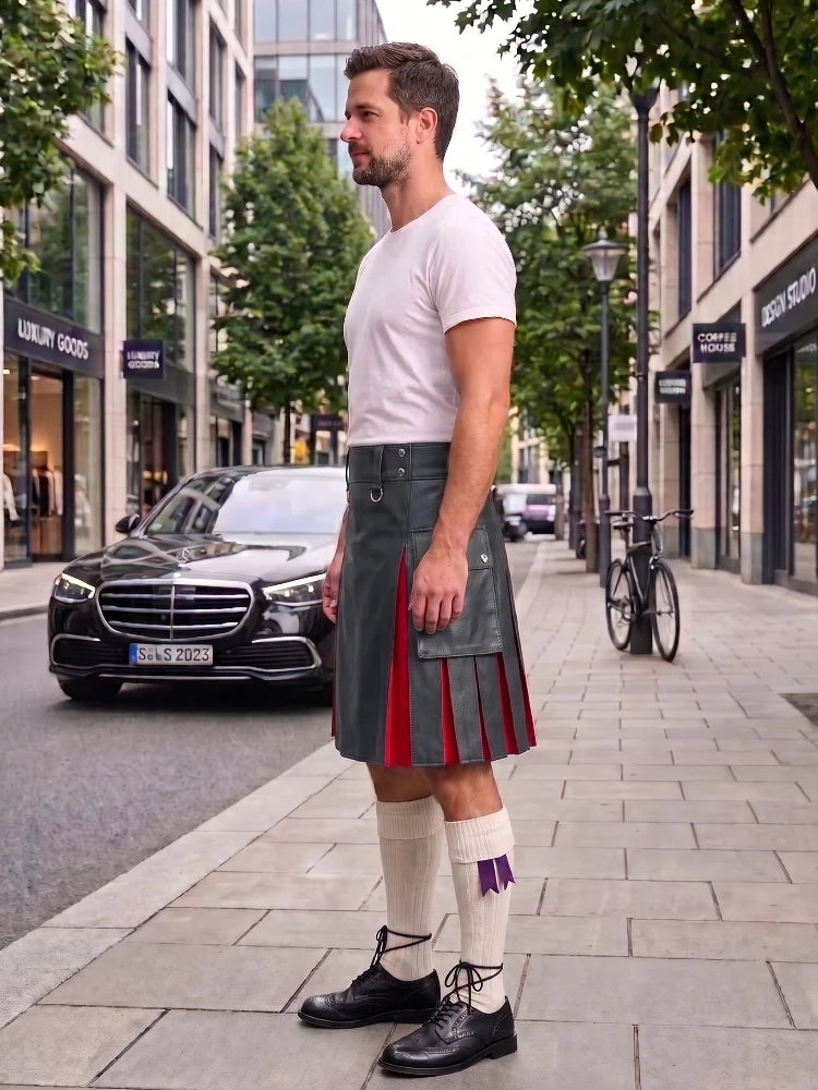 A man wearing a dark gray leather kilt with red and purple striped pleats, a white t-shirt, white knee-high socks, and black leather shoes, standing on a city sidewalk.