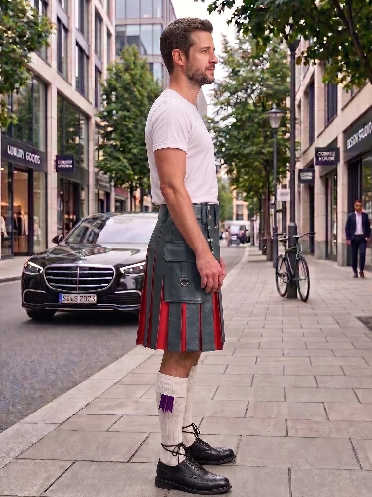 A man standing on a city sidewalk wearing a gray kilt with red and purple pleats, a white t-shirt, white socks, and black shoes, with a street scene in the background.