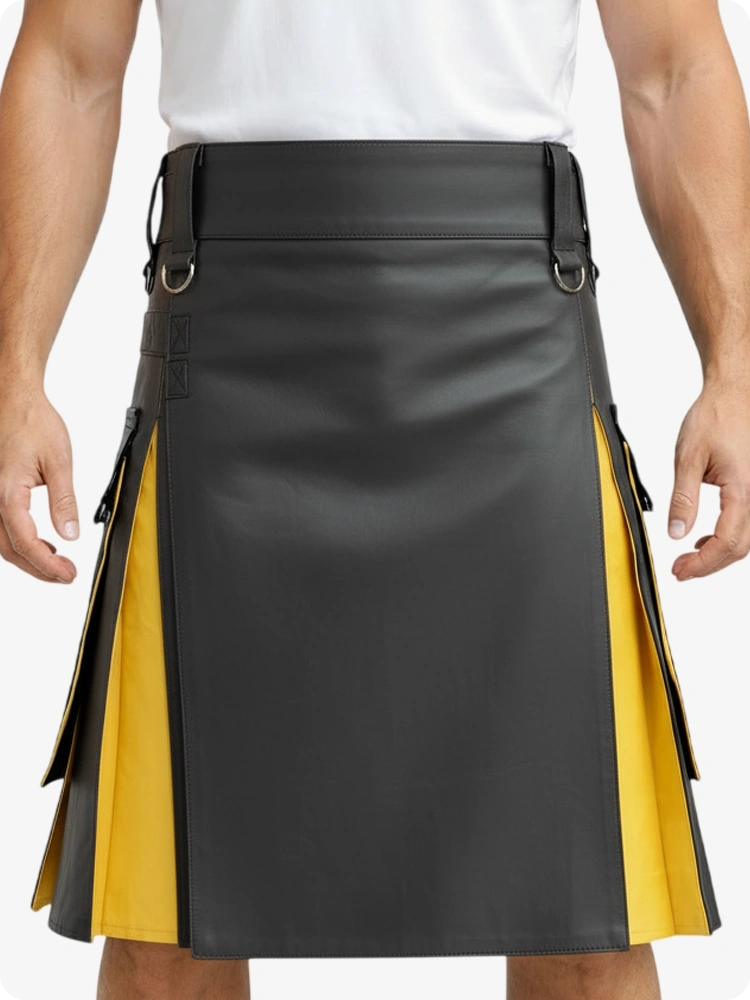 Black and yellow kilt worn by a person on a white background
