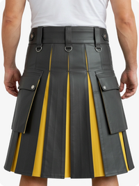Person wearing a gray and yellow pleated kilt with visible buttons and pockets.