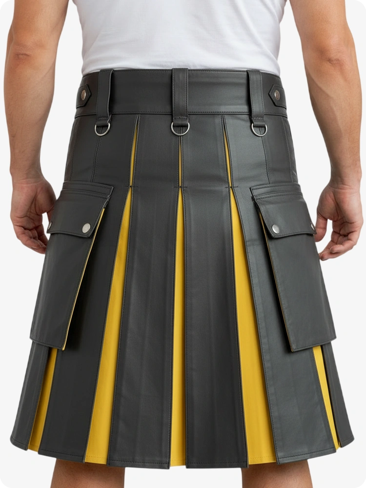 Person wearing a gray and yellow pleated kilt with visible buttons and pockets.
