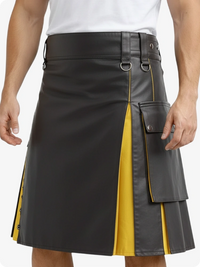Person wearing a black and yellow kilt on a white background
