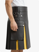 Black leather kilt with yellow accents on a white background