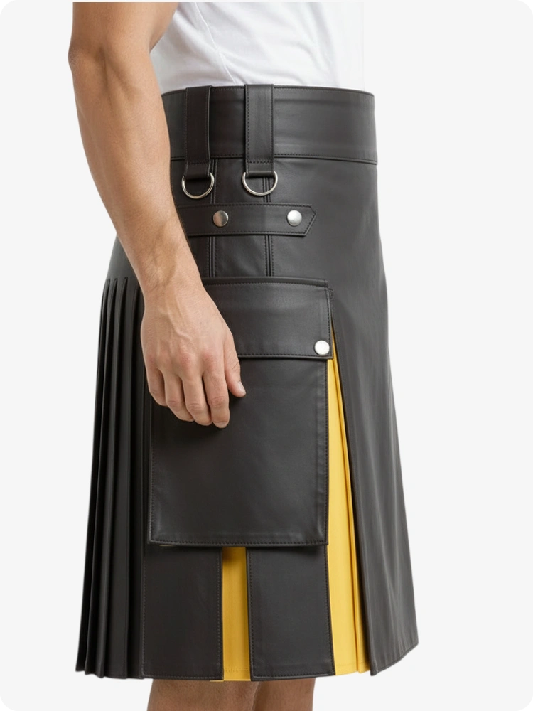Black leather kilt with yellow accents on a white background