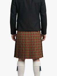 Person wearing a black coat and red plaid kilt on a white background