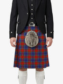 Person wearing a traditional Scottish kilt with a tartan pattern on a white background