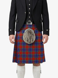 Person wearing a traditional Scottish kilt with a tartan pattern on a white background