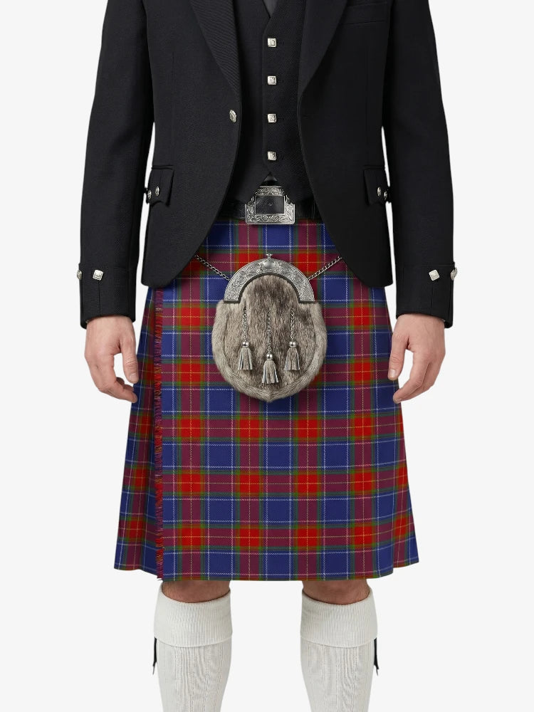 Person wearing a traditional Scottish kilt with a tartan pattern on a white background