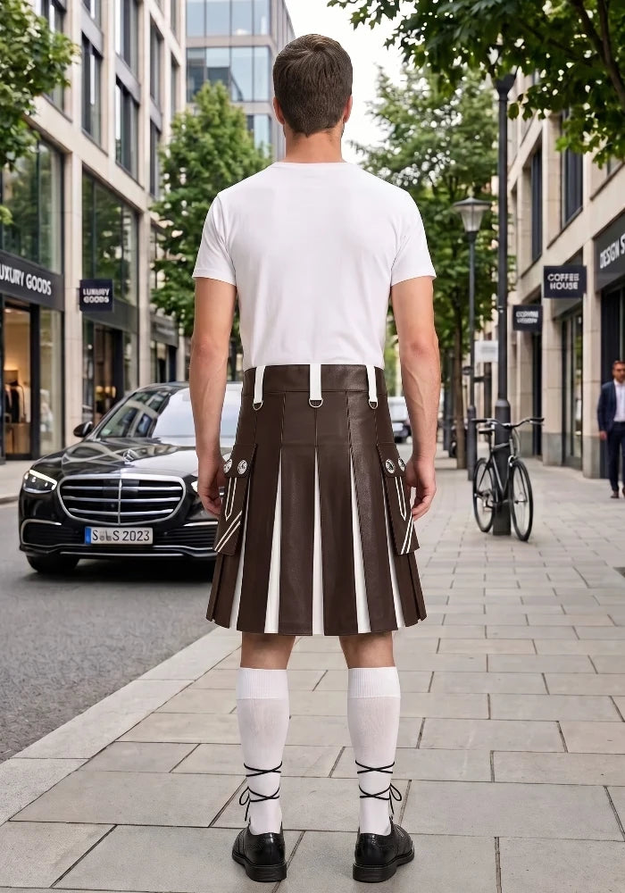 Chocolate Brown and White Leather Hybrid Utility Kilt back