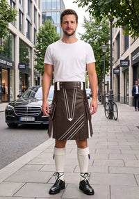 Chocolate Brown and White Leather Hybrid Utility Kilt front