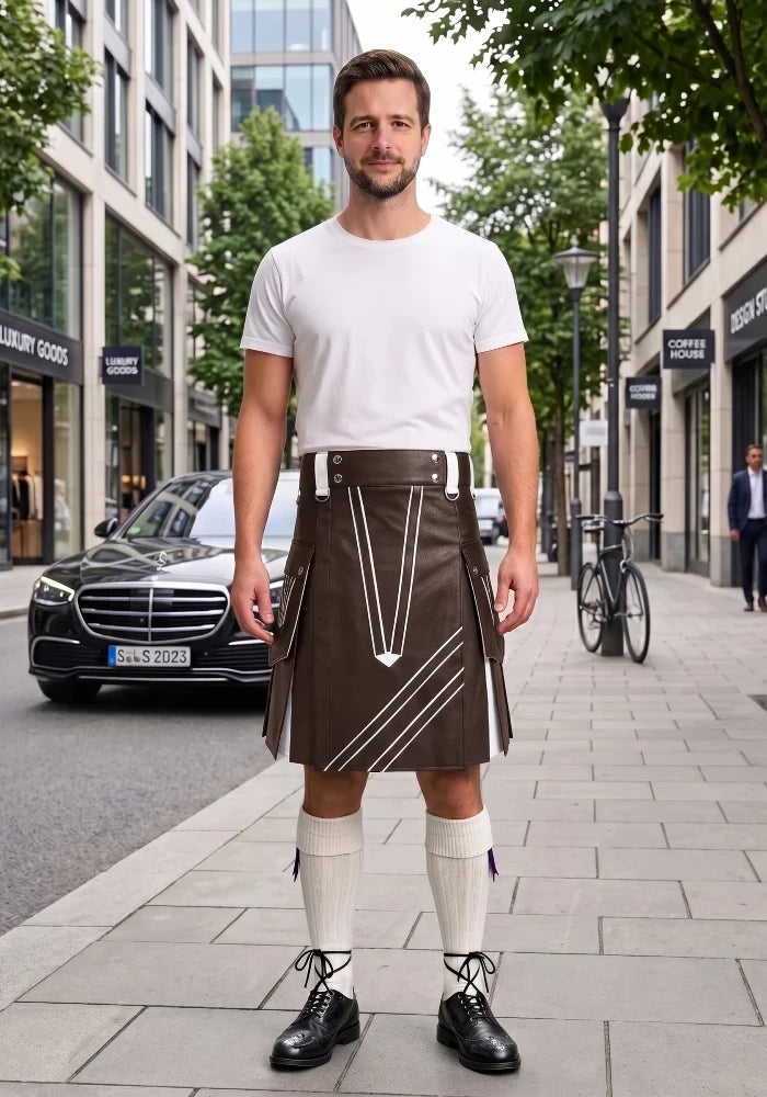 Chocolate Brown and White Leather Hybrid Utility Kilt
