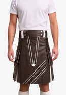 Chocolate Brown and White Leather Hybrid Utility Kilt front view