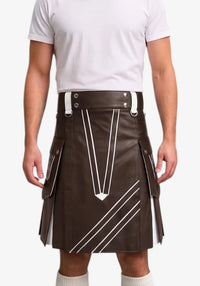 Chocolate Brown and White Leather Hybrid Utility Kilt front view