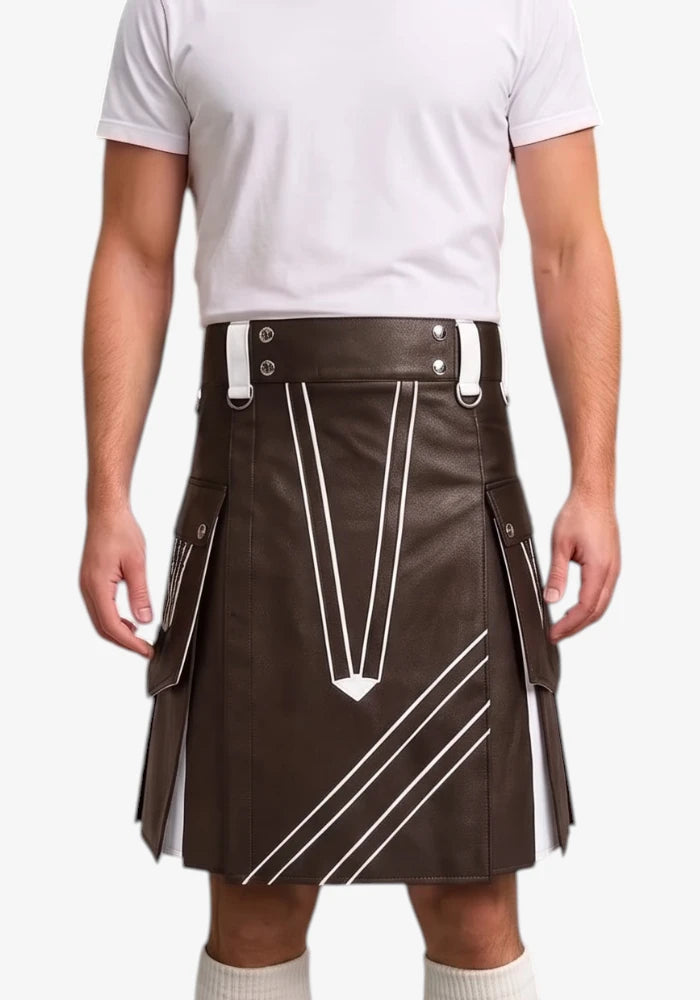Chocolate Brown and White Leather Hybrid Utility Kilt front view