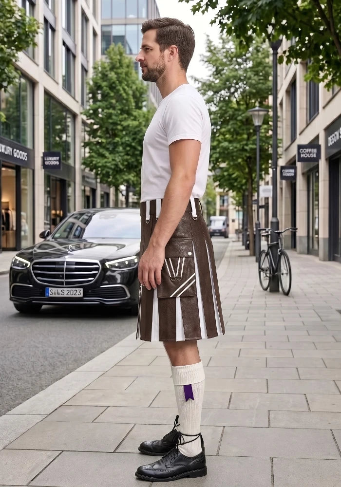 Chocolate Brown and White Leather Hybrid Utility Kilt left view