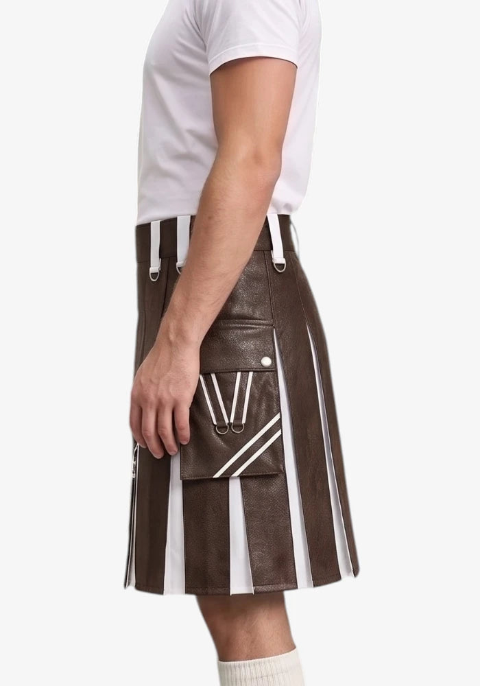 Chocolate Brown and White Leather Hybrid Utility Kilt left view
