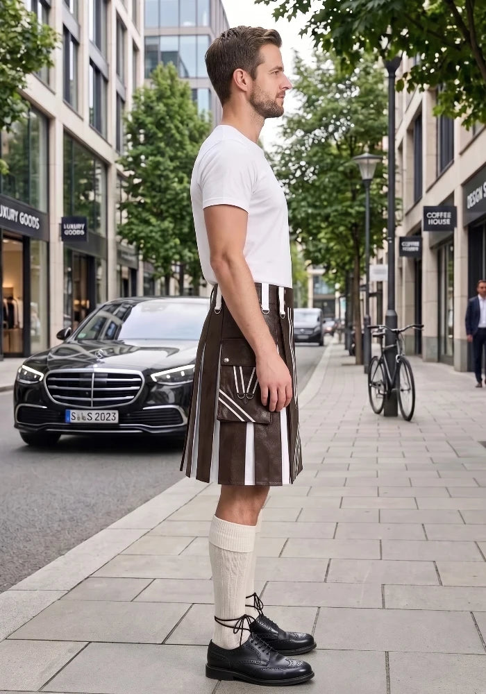Chocolate Brown and White Leather Hybrid Utility Kilt