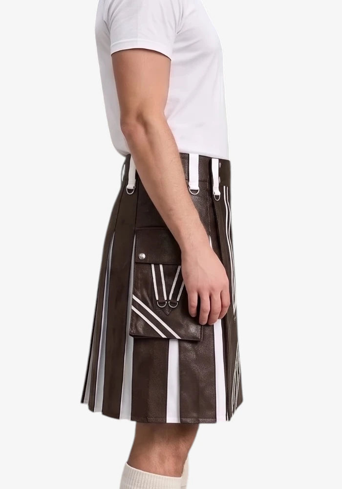 Chocolate Brown and White Leather Hybrid Utility Kilt right view