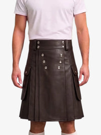 A dark brown faux-leather kilt with silver-tone metal buttons and flap pockets, worn by a model in a white t-shirt against a light gray background.