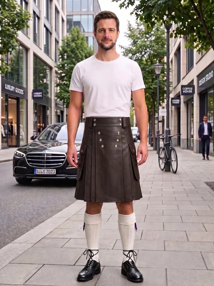 A man stands on a city sidewalk wearing a black leather kilt with gold buttons, a white t-shirt, white knee-high socks, and black leather shoes. The background shows a street with buildings, a parked black Mercedes, and a bicycle.