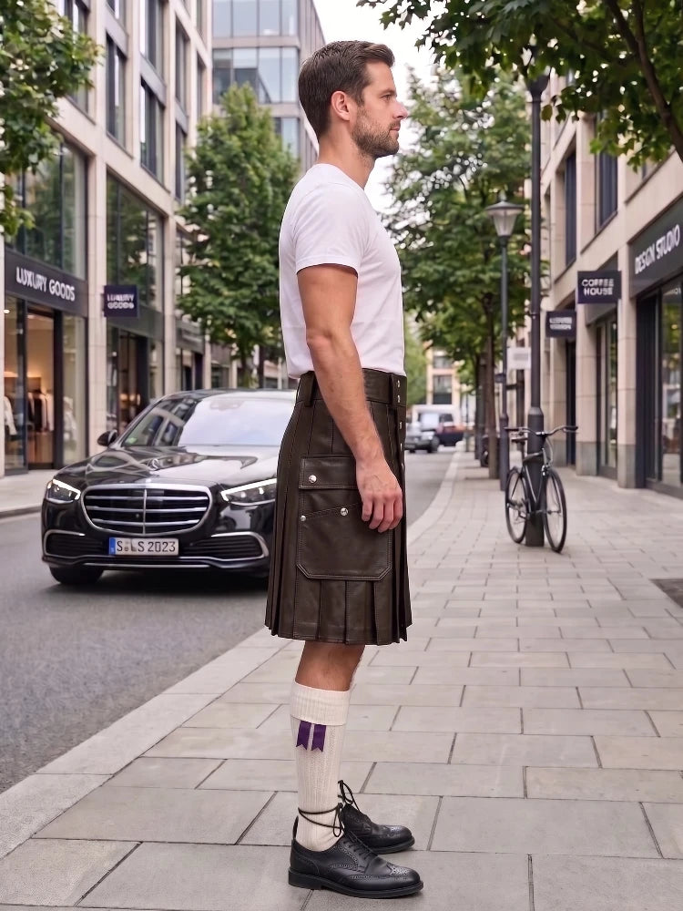A man standing on a city sidewalk wearing a white t-shirt, a dark brown pleated kilt, white socks with purple stripes, and black leather shoes. A black Mercedes-Benz car and a bicycle are parked on the street behind him.
