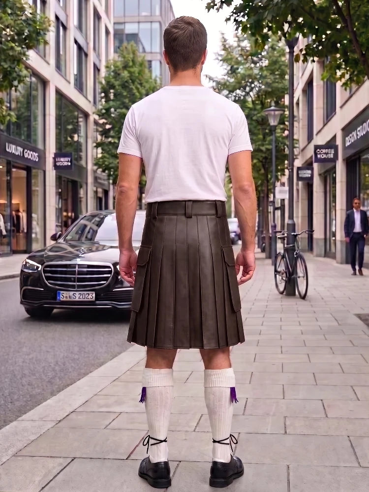 Chocolate Brown Leather Kilt For Men Tactical Utility Kilts