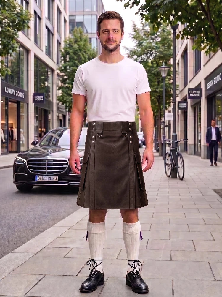 Chocolate Brown Leather Kilt For Men Tactical Utility Kilts