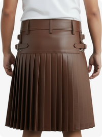 Chocolate Brown leather skirt with a front pocket on a white background
