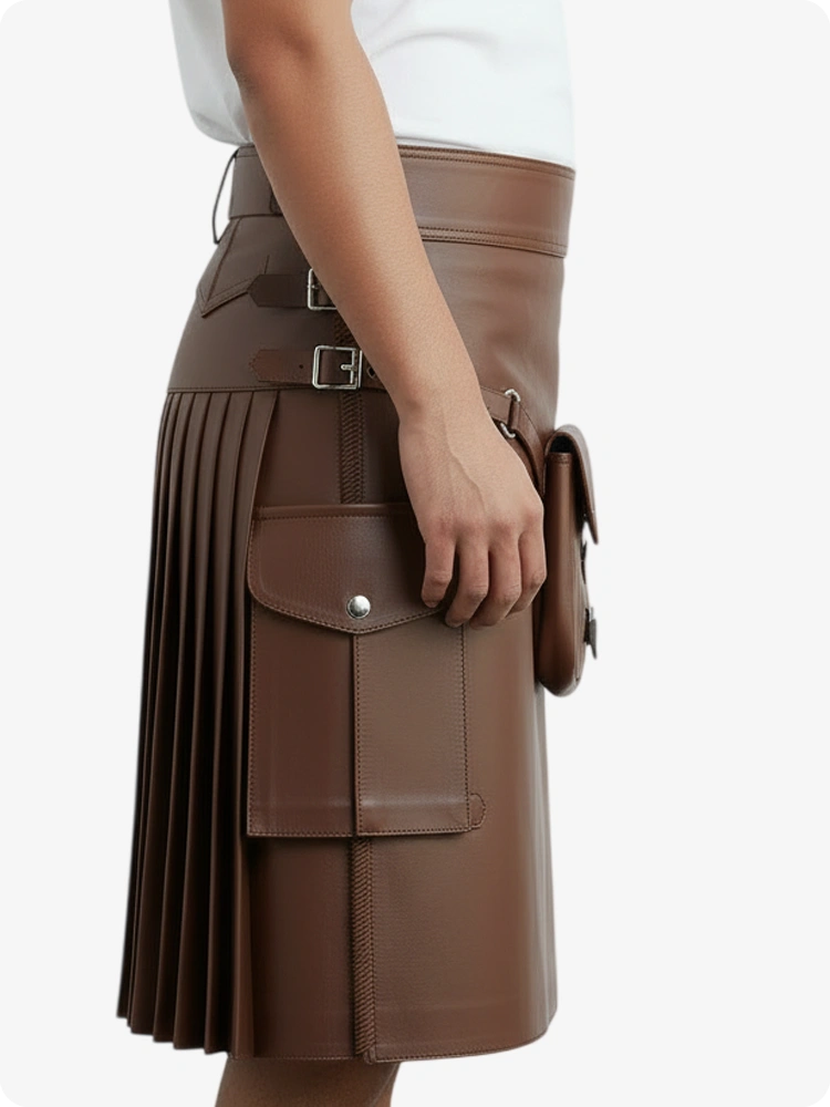 Chocolate Brown Leather Pleated Kilt with Belt Loops & Side Straps