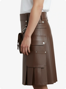 Chocolate Brown leather skirt with a front pocket on a white background