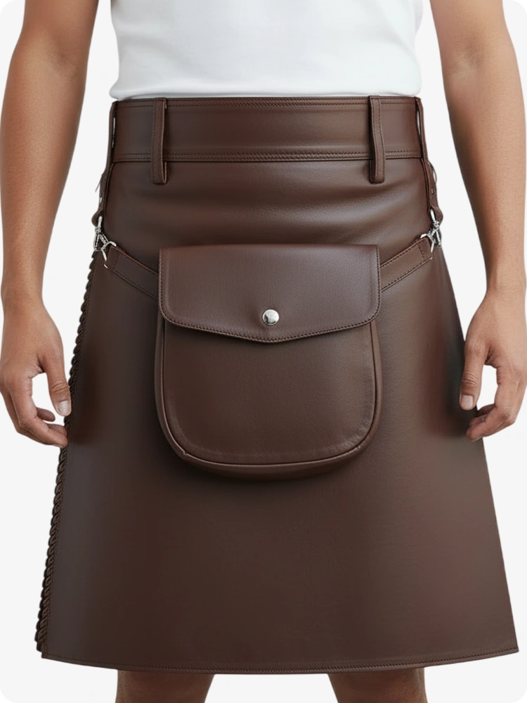 Chocolate Brown Leather Pleated Kilt with Belt Loops & Side Straps