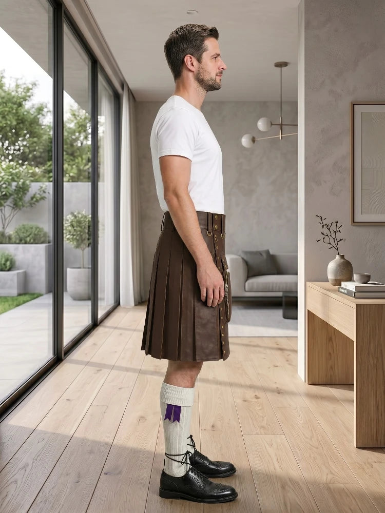 Chocolate Brown Leather Utility Kilt Right Side