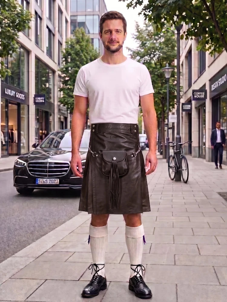 Chocolate Brown Leather Utility Kilt with Sporran
