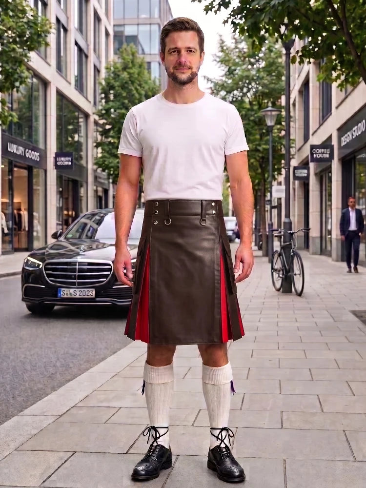 Chocolate Brown With Red Cowhide Leather Hybrid Utility Kilt