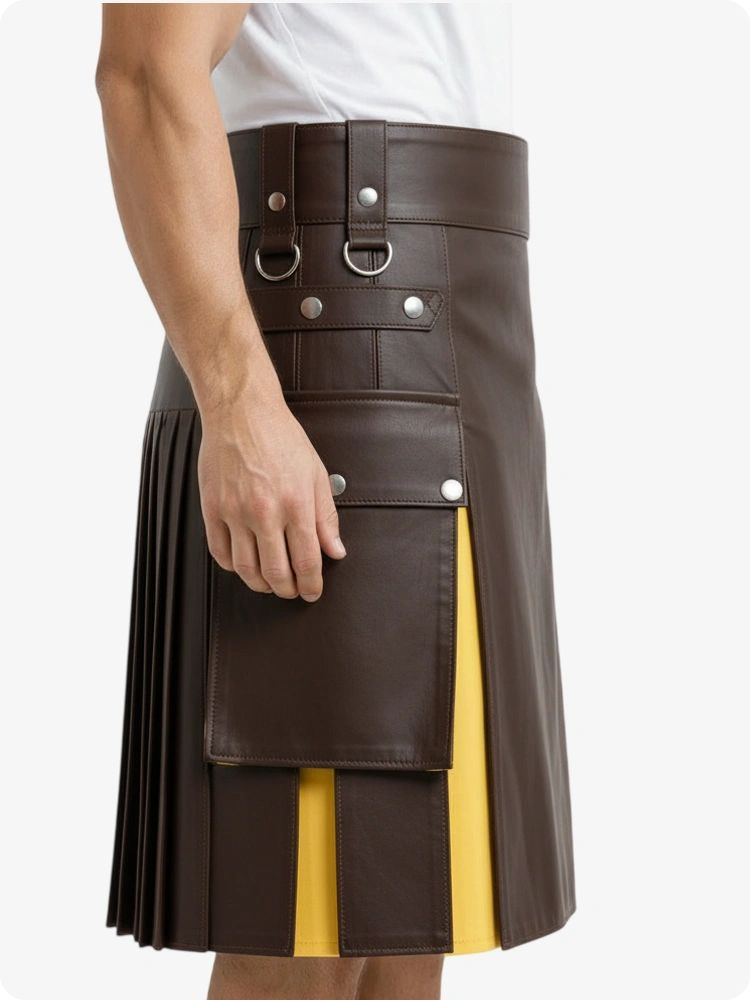 Brown leather kilt with yellow accent on a white background