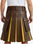 Brown leather kilt with yellow accents worn by a person on a white background