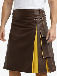 Brown and yellow kilt worn by a person on a white background