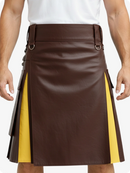 Brown leather kilt with yellow accents worn by a person on a white background