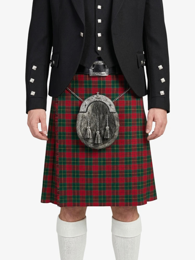 Person wearing a traditional Scottish kilt with a tartan pattern on a white background