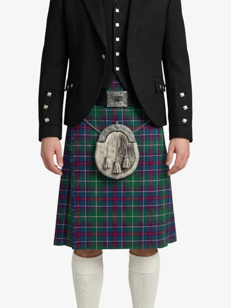 Person wearing a black jacket and green plaid kilt with a silver sporran on a white background