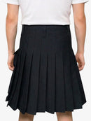 Black pleated skirt worn by a person on a white background