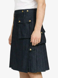 Dark denim skirt with gold buttons worn by a person on a white background