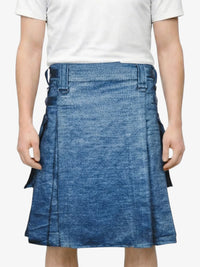 Person wearing a blue denim skirt on a white background