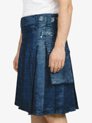 Blue denim skirt worn by a person on a white background