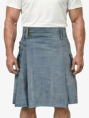 Man wearing a blue kilt on a white background